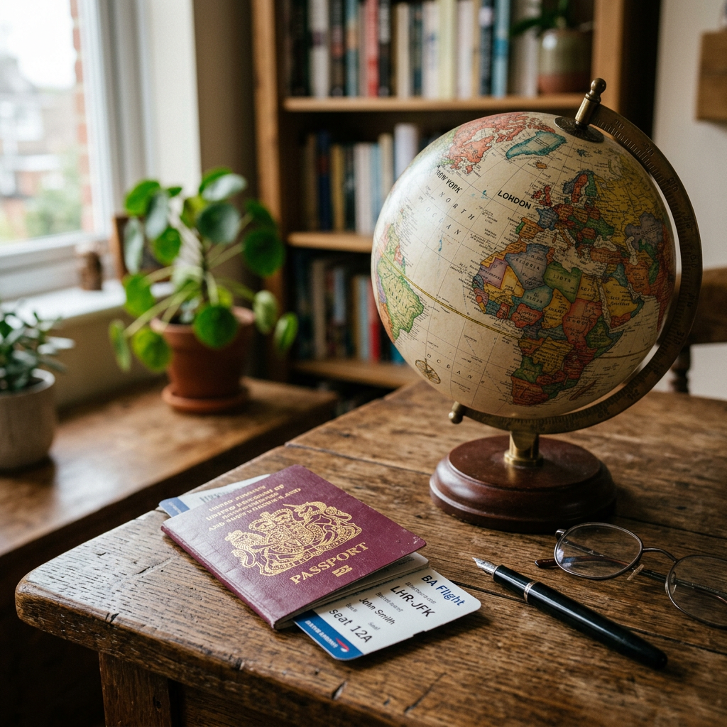British passport and boarding pass beside a globe on wooden desk